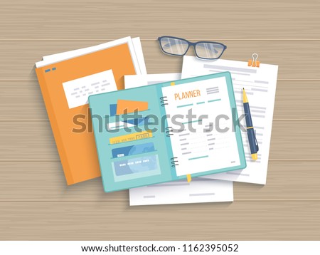 Business wooden table with open notebook, planner, documents, forms, papers folder, glasses, pen. Work, workplace, analysis, research, planning, management. Vector illustration, top view