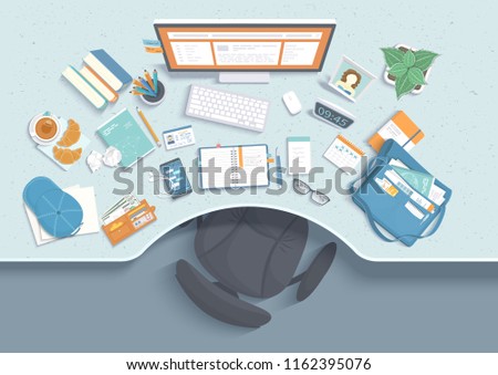 Top view of modern and stylish workplace. Table with recess, chair, monitor, books, notebook, headphones, phone, glasses, calendar, paper, tea, croissants, bag, cap. Vector illustration Top view