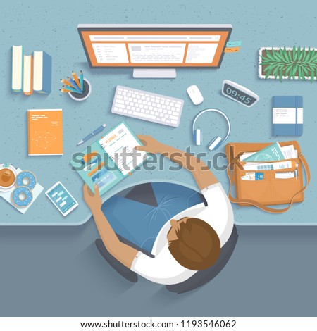 Man sitting at the wooden table. Workplace Desktop Workspace Armchair, office supplies, monitor, books, notebook, headphones, phone, glasses, pen, paper, tea, donuts, bag. Vector Top view 