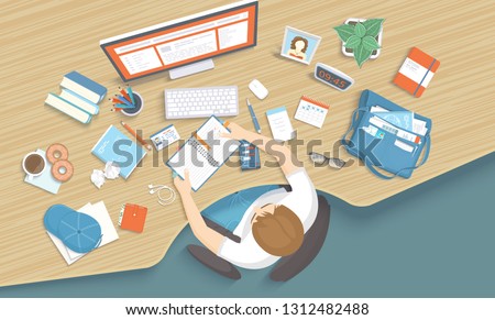 Man sitting at the table. Workplace Desktop Workspace Chair, office supplies, monitor, books, notebook, headphones, phone, purse, glasses, paper, coffee, donuts, bag. Vector Top view 