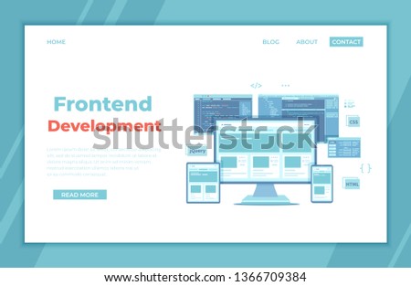 Frontend Development, Creating a site layout, template. Website UI UX interface on a monitor screen, tablet, phone, html css js programming code. landing page template or banner. Technology concept. 