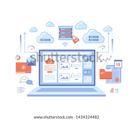 Cloud computing and web services, technology, data storage, hosting, connection. Login page and password on laptop screen, server, infographic elements. Vector illustration on white background.