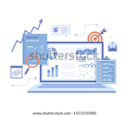 Financial Report. Accounting, analysis, audit, research, results. Laptop with graphs and charts on the screen, clipboard, report, target, calendar, magnifier. Vector illustration on white background.