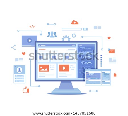Web development, optimization, user experience, user interface in e-commerce. Website layout elements, photo, video, program code, search bar, site wireframe. Vector illustration on white background