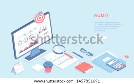 Business auditing, analysis, accounting, calculation, analytics. Monitor with charts graphs, documents, wallet, calculator, magnifying glass. Workplace Workspace Desktop. Isometric 3d illustration. Stock foto © 