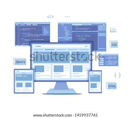 Frontend Development, Creating a site layout, template. Website UI UX interface on a monitor screen, tablet, phone, html css js programming code. Vector illustration on white background