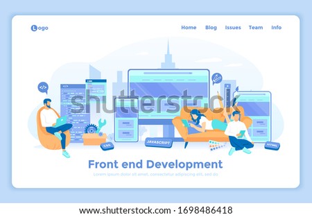 Frontend Development, Creating a site layout, template. The programmer is developing a website UI UX interface on monitor screen, tablet, phone. landing web page design template decorated with people