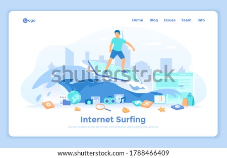 Internet Surfing. Online Search and Viewing information on the Internet, Browsing. Man riding a wave on a smartphone. Mobile phone as a surf board. landing web page template decorated with people.surf
