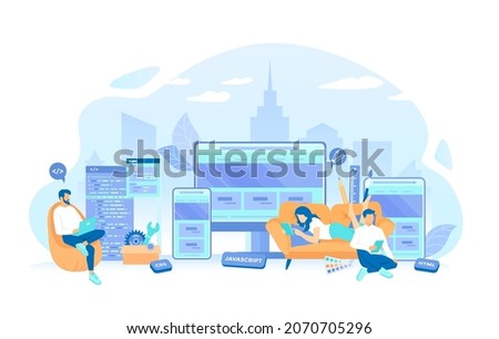 The programmer is developing a website UI UX interface on monitor screen, tablet, phone. Frontend Development, Creating a site layout, template. Vector illustration flat style.