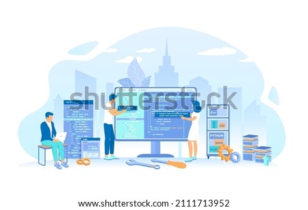 Team of programmers write program code on a big monitor screen. Back-end Development, Coding, Testing, Software Engineering, Programming languages. Vector illustration flat style.