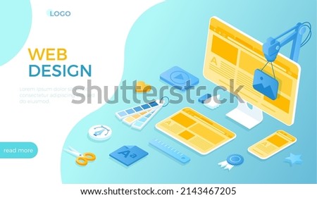 Web Design. Creating UI UX website design. Website landing page for monitor, laptop, tablet, phone. Web page for website and mobile site. Isometric vector illustration for website.