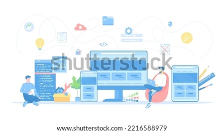 The programmer is developing a website UI UX interface on monitor screen, tablet, phone. Frontend Development, Creating a site layout, template. Vector illustration flat style.	
