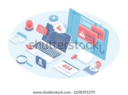 Cyberattack, computer viruses, internet phishing, hacking. Errors detected. Search and find bugs, debugging process. Vector illustration in 3d design. Isometric web banner.	
