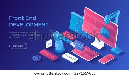 Frontend Development, Creating a site layout, template. Converting data into a graphical UI UX interface. Web development, design, graphic, usability. Isometric landing page. Vector web banner.