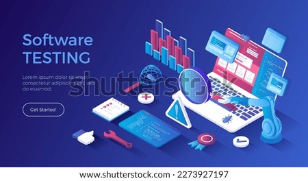 	
Software Testing. Process evaluation software application or website. Computer code analysis. Identification and removal of defects, bugs, errors. Isometric landing page. Vector web banner.