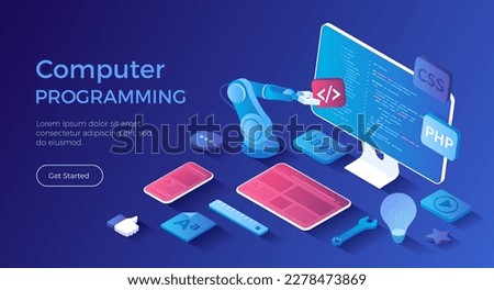 Computer programming, software, web, app development. Program code on monitor screen, website template on on tablet and phone. Isometric landing page. Vector web banner.	
