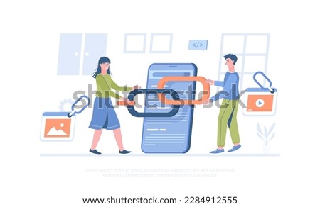 Link building between website pages. Search engine optimization concept, SEO. People holding chain on bowser window. Cartoon modern flat vector illustration for banner, website design, landing page.
