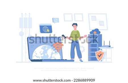 Wireless technology, WiFi network communication. Fast data transfer from one device to another. Cartoon modern flat vector illustration for banner, website design, landing page.	
