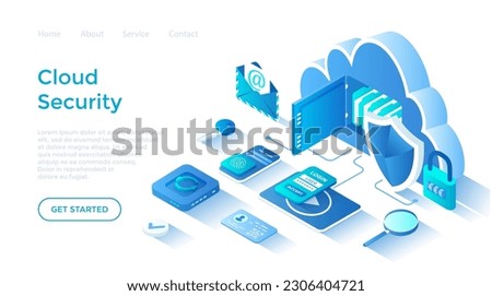 Cloud Security and Data Protection. Online safety, confidentiality of information. Cloud storage, password, lock. Isometric illustration. Landing page template for web on white background.