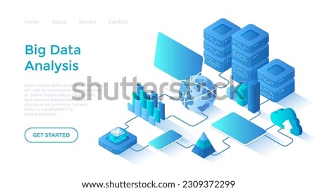 Big Data Analysis. Storage, Machine learning algorithms, Analyzing, Distribution Information, Reporting for optimization. Isometric illustration. Landing page template for web on white background.