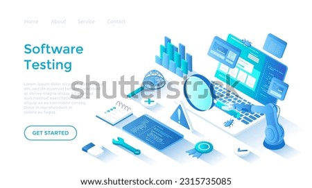 Software Testing. Process evaluation software application or website. Computer code analysis. Identification and removal of defects. Landing page template for web on white background.	
