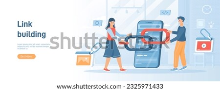Link building between website pages. Search engine optimization concept, SEO. People holding chain on bowser window. Flat concept great for social media promotional material. Website banner