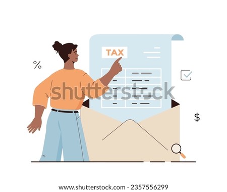 Tax payment concept, Federal taxation. Mailing Tax Return, Postal Service. Woman looking at tax form in an envelope. Cartoon flat vector illustration.	
