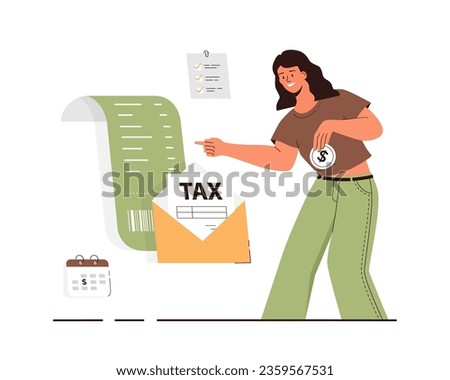Tax payment concept, Federal taxation. Mailing Tax Return, Postal Service. Payment of a bill, check, invoice. Woman looking at tax form in an envelope. Cartoon flat vector illustration.	
