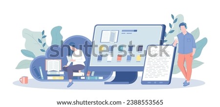 Online Library, E-books. Books online in bookstores in mobile application. Education, learning and training, self development. Vector illustration with character situation for web.	
