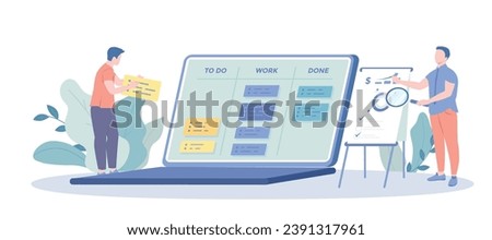 Project Management, Task Distribution, Business Teamwork. Project manager business people working managing project on laptop screen. Vector illustration with character situation	
