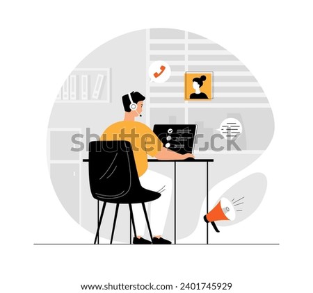 Outbound marketing concept. Business product promotion. Man works on laptop, calls clients, attracts new customers. Illustration with people scene in flat design for website and mobile development.