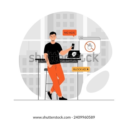 Ad blocking software concept. Removing online advertising, ad filtering tools, internet browser extension. Illustration with people scene in flat design for website and mobile development.