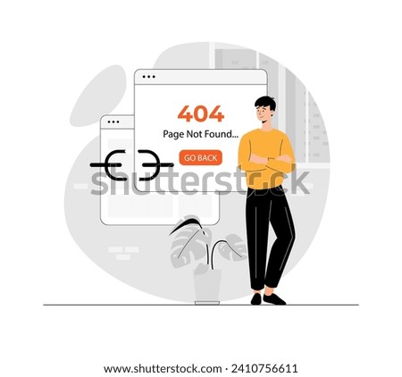 Broken link. Technical problems wrong and broken link and internet address. Page not found, 404 error. Illustration with people scene in flat design for website and mobile development.	
