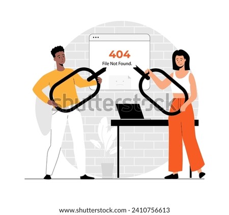 Broken link. Wrong site address and technical problems. 404 error page not found. People holding a broken chain. Illustration with people scene in flat design for website and mobile development.
