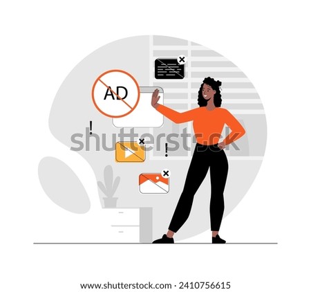 Ad blocking software. Removing online advertising, anti-spam protection, browser extension, mail filter. Illustration with people scene in flat design for website and mobile development.	
