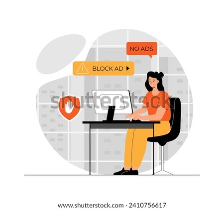 Ad blocking. No advertising, anti spam protection, without ads concept. Website Adblock software. Illustration with people scene in flat design for website and mobile development.