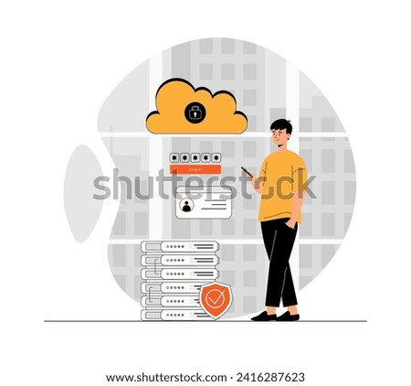 Cloud security, personal data protection, online services concept. Privacy access with password. User sync accounts. Illustration with people scene in flat design for website and mobile development.