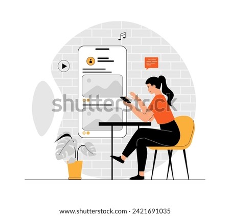 Wireless technology concept. WiFi network communication. Sending files, uploading and downloading content on social media. Illustration with people scene in flat design for website and mobile develop