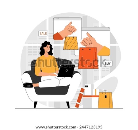 Shopping online. Woman making purchases, ordering delivery and paying with credit cards. Illustration with people scene in flat design for website and mobile development.	
