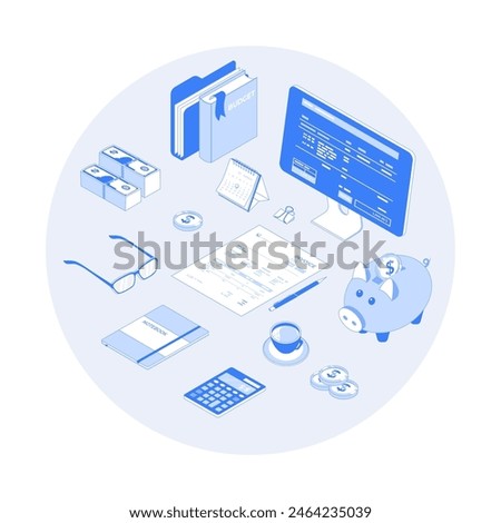 Accounting, bookkeeping, calculation. Bill, tax, receipt payment. Account form, documents, calculator, money. Vector outline illustration with isometry scene for web graphic	
