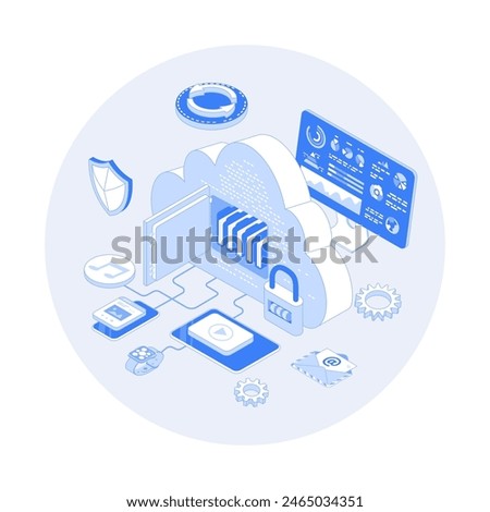 Cloud Storage Service. Internet hosting provider, Data backup, Cloud computing. Big cloud as a safe for files, protected and secure. Vector outline illustration with isometry scene for web graphic