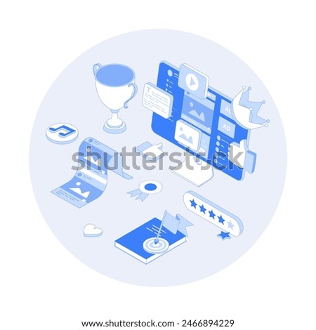 High Quality Content. Content marketing and optimization. Adding photos, videos, posts to the website, blog or social network. Vector outline illustration with isometry scene for web graphic