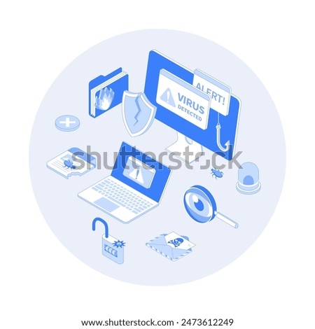 Computer Viruses. Errors detected, alert messages, bugs, open lock, infected files, broken shield. Monitor and laptop with alert messages. Vector outline illustration with isometry scene for web graph