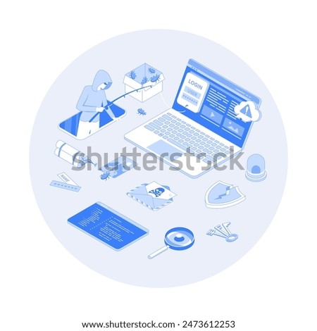 Hacker Attack. Hacker steal credit card. Thief fishing personal information on laptop. Virus, spam and security. Hacking concept. Vector outline illustration with isometry scene for web graphic