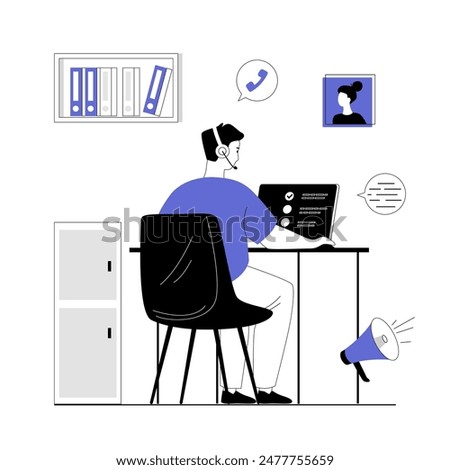 Outbound marketing concept. Business product promotion. Man works on laptop, calls clients, attracts new customers. Vector illustration with line people for web design.	
