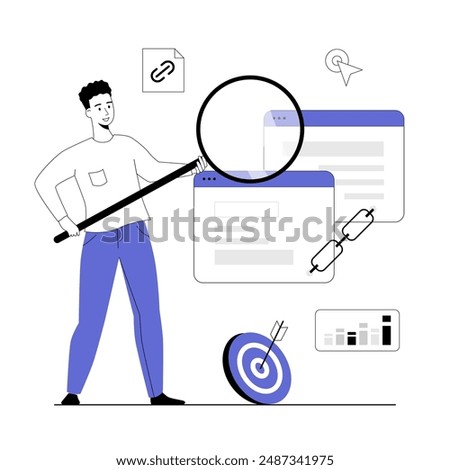 Link building concept, SEO search engine optimization. Man holding magnifying glass above browser windows with chain. Vector illustration with line people for web design.