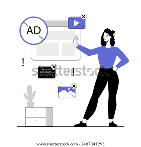 Ad blocking software. Removing online advertising, anti-spam protection, browser extension, mail filter. Vector illustration with line people for web design.	