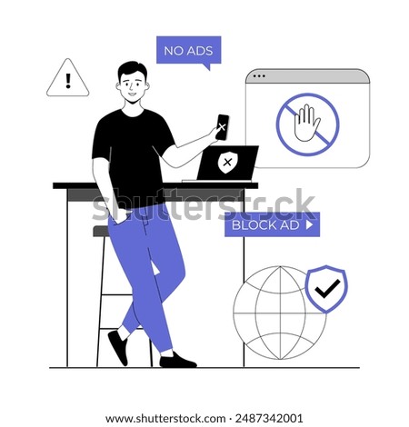 Ad blocking software concept. Removing online advertising, ad filtering tools, internet browser extension. Vector illustration with line people for web design.