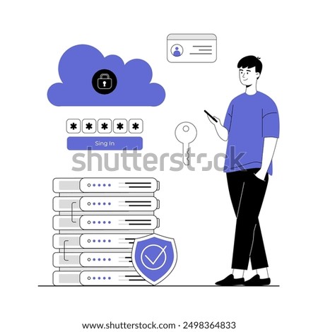 Cloud security, personal data protection, online services concept. Privacy access with password. User sync accounts. Vector illustration with line people for web design.	
