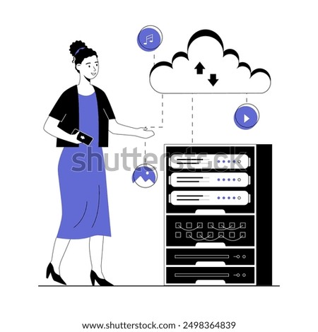 Cloud technology, remote data storage, data center, remote database, data server, cloud computing, Saas. Vector illustration with line people for web design.	
